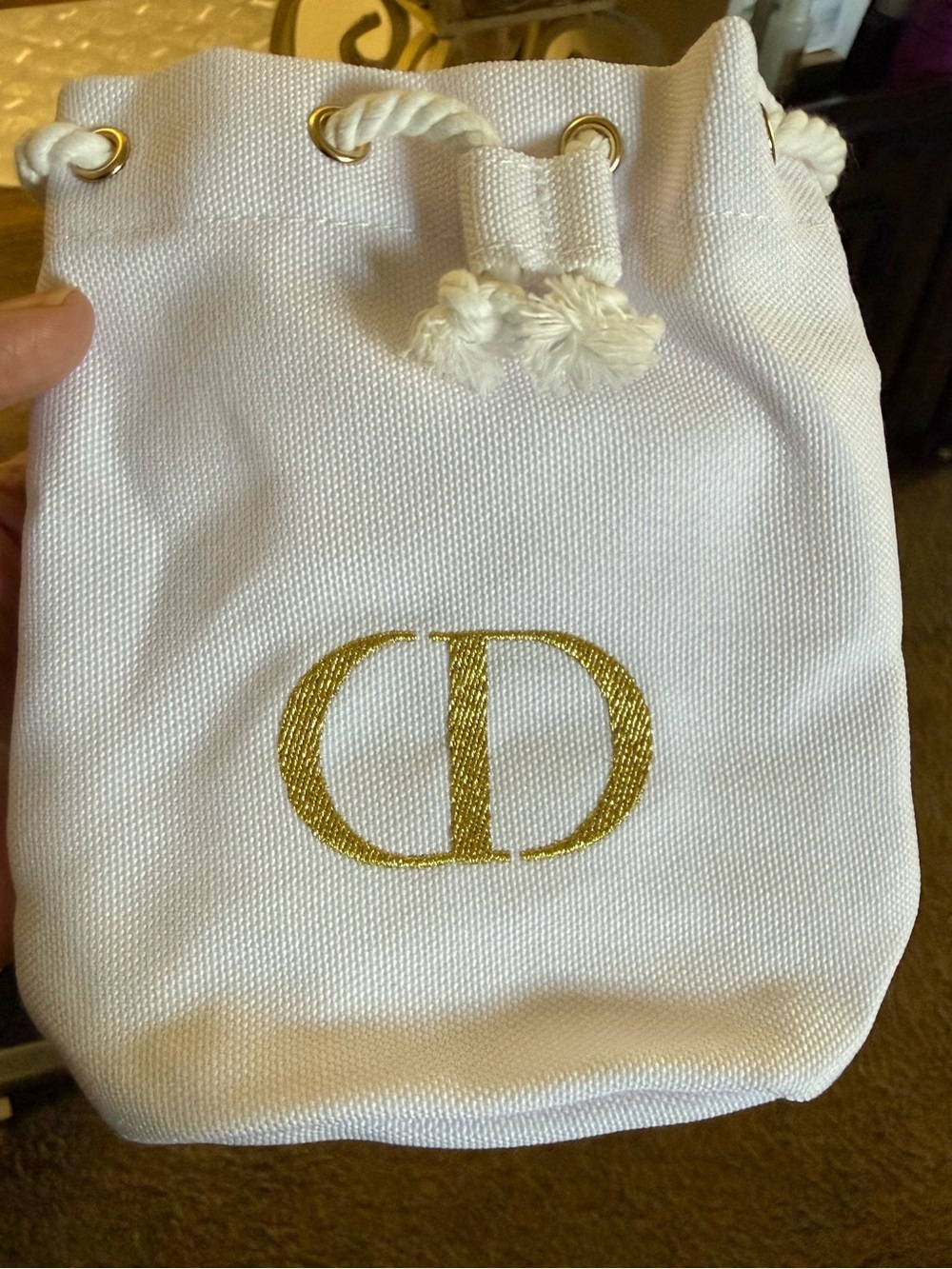 Christian Dior White & Gold Drawstring Pouch
